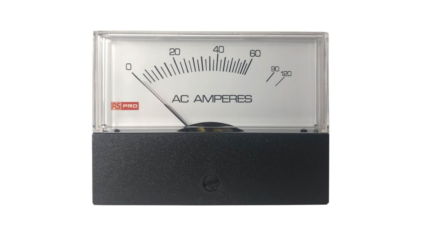 Amperímetro analógico de panel AC RS PRO, valor máx. 10 (Input) A, 120 (Scale) A, ±1,5%, dim. 74mm x 76mm