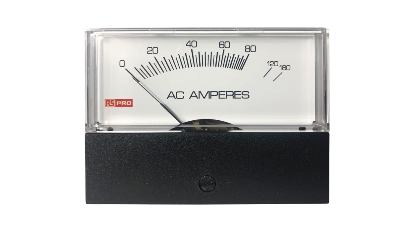 Amperometro analogico da pannello RS PRO, max 10 (Input) A, 160 (Scale) A, c.a., foro L 74mm x H 76mm, ±1,5%