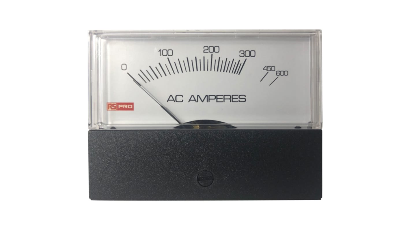 Amperímetro analógico de panel AC RS PRO, valor máx. 10 (Input) A, 600 (Scale) A, ±1,5%, dim. 74mm x 76mm