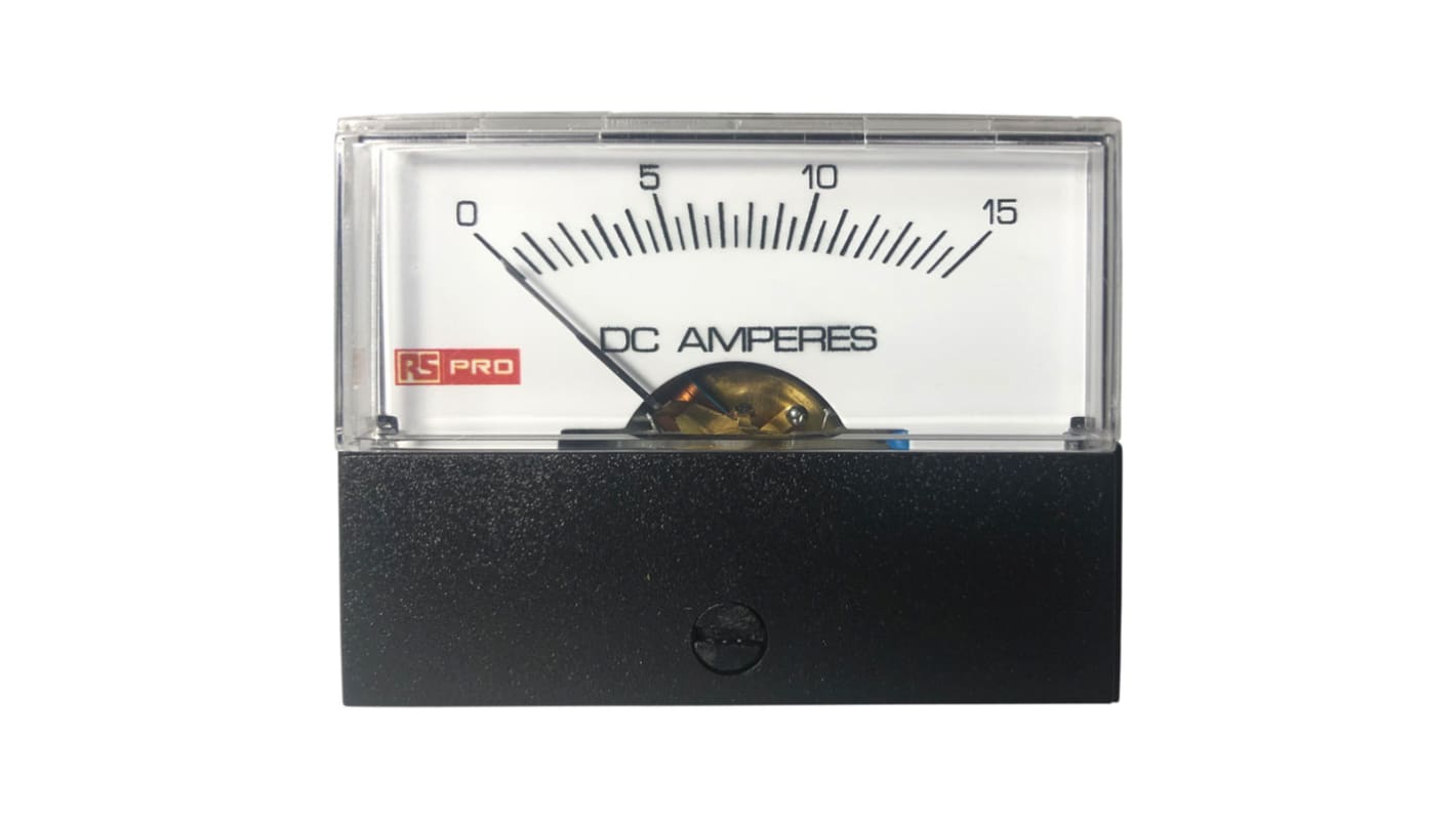 Amperímetro analógico de panel DC RS PRO, valor máx. 15 (Input)A, ±1,5%, dim. 44mm x 57mm