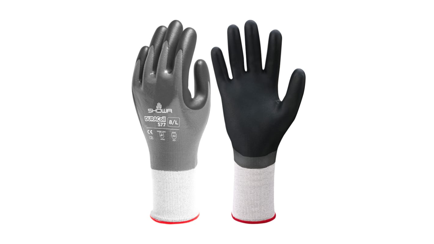 Guantes de trabajo de HPPE, Poliéster Gris Showa serie Duracoil, talla 8, con recubrimiento de Espuma de nitrilo