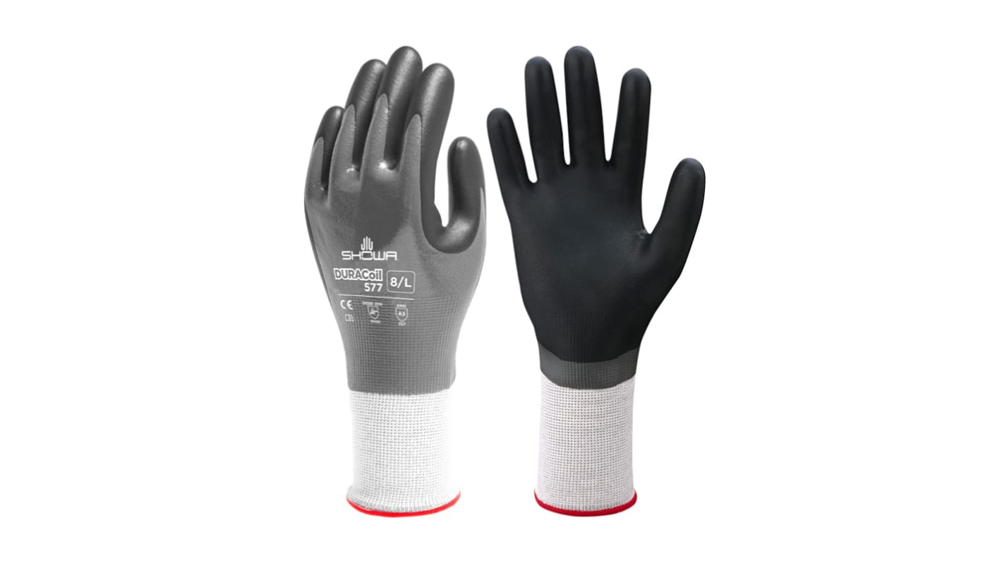 Showa Duracoil Grey HPPE, Polyester Cut Resistant Work Gloves, Size 9, XL, Nitrile Coating