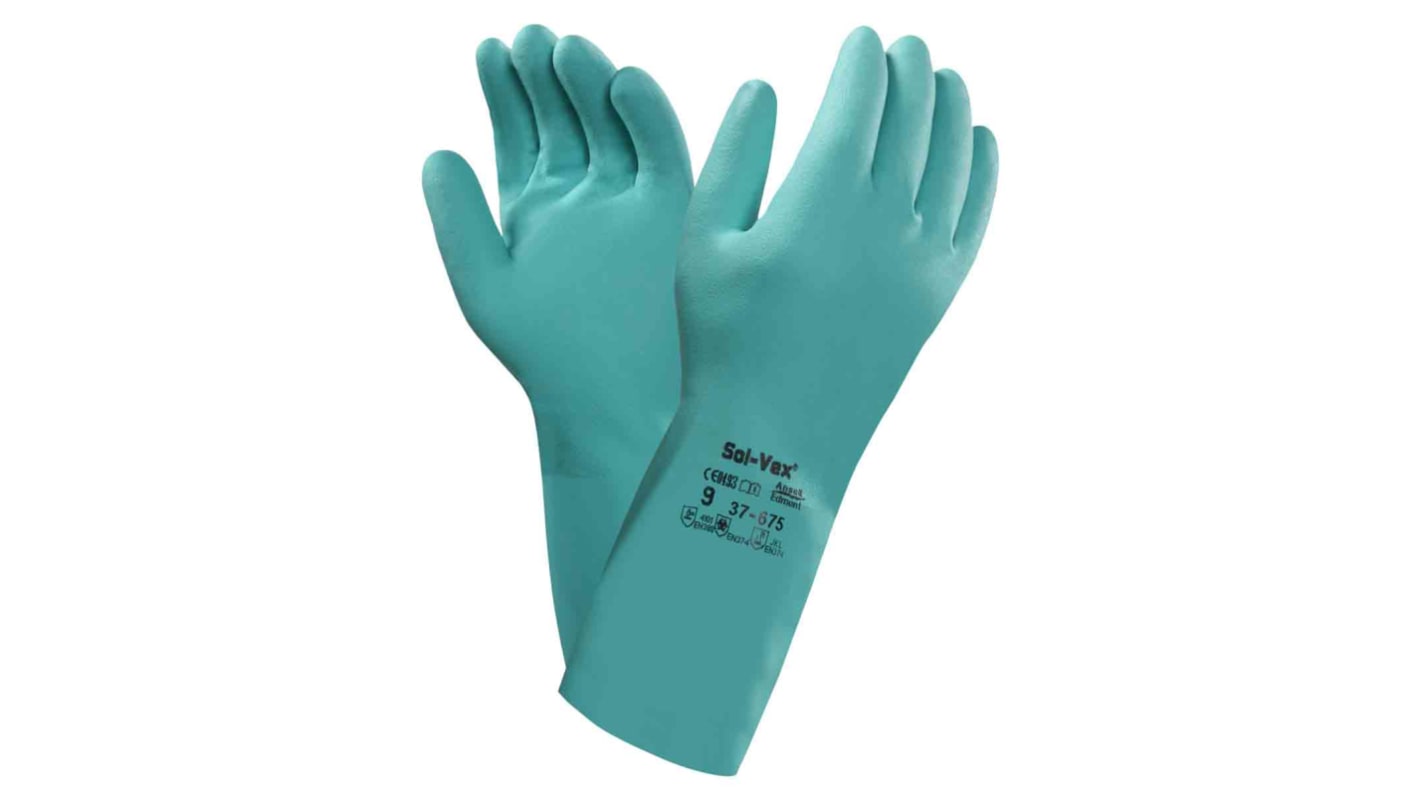 Ansell Sol-Vex Green Nitrile Chemical Resistant Work Gloves, Size 8, Medium, Nitrile Coating