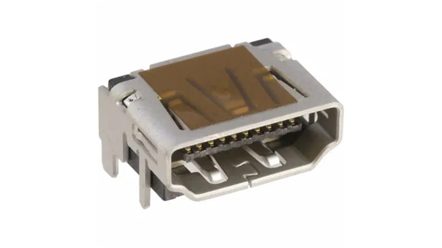 TE Connectivity Retvinklet HDMI-konnektor, Standard, 19-Polet, Hun, Lodde 1747981