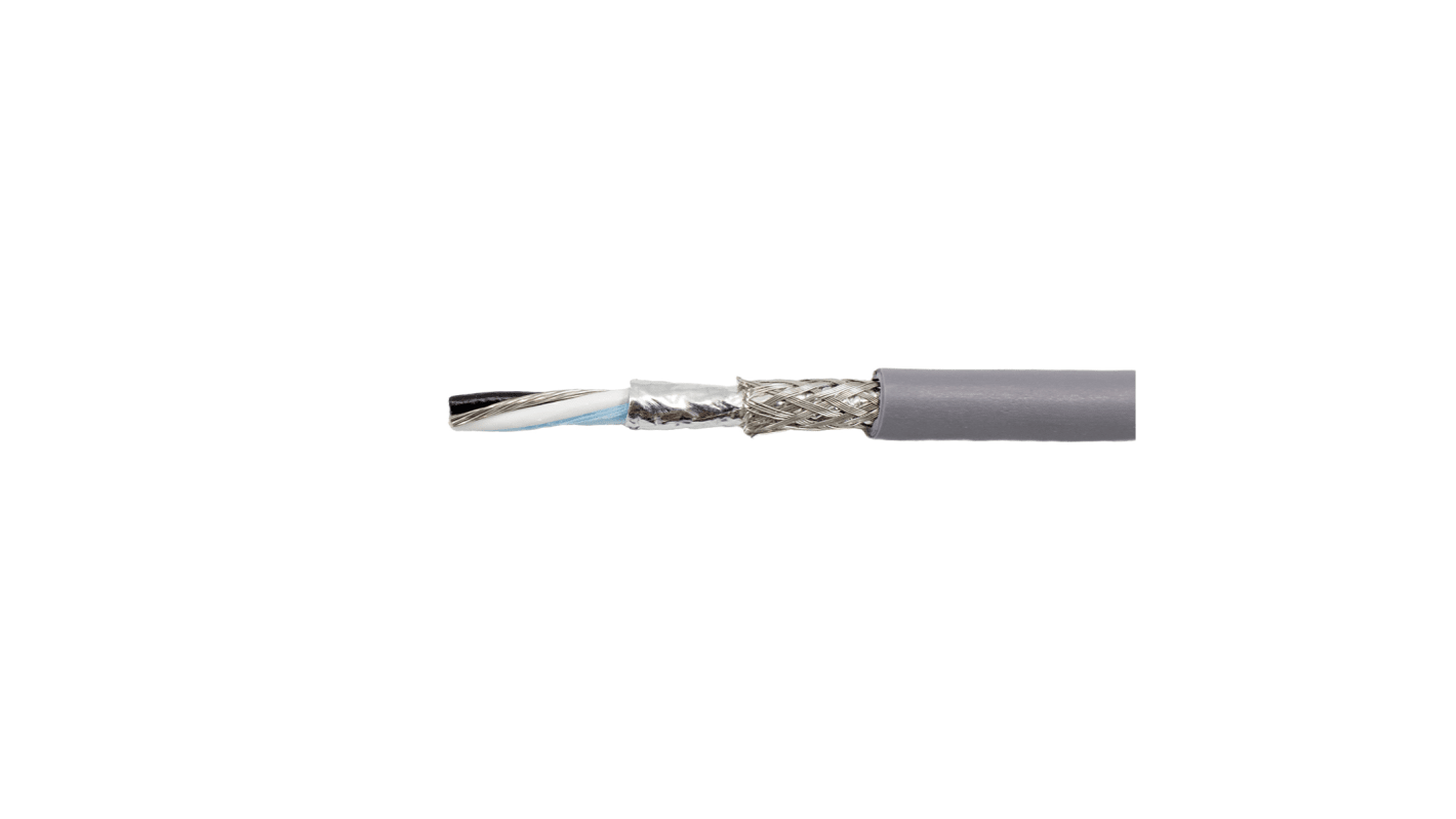 Alpha Wire Twisted Pair Data Cable, 1 Pairs, 0.25 mm², 2 Cores, 24 AWG, Screened, 305m, Grey Sheath