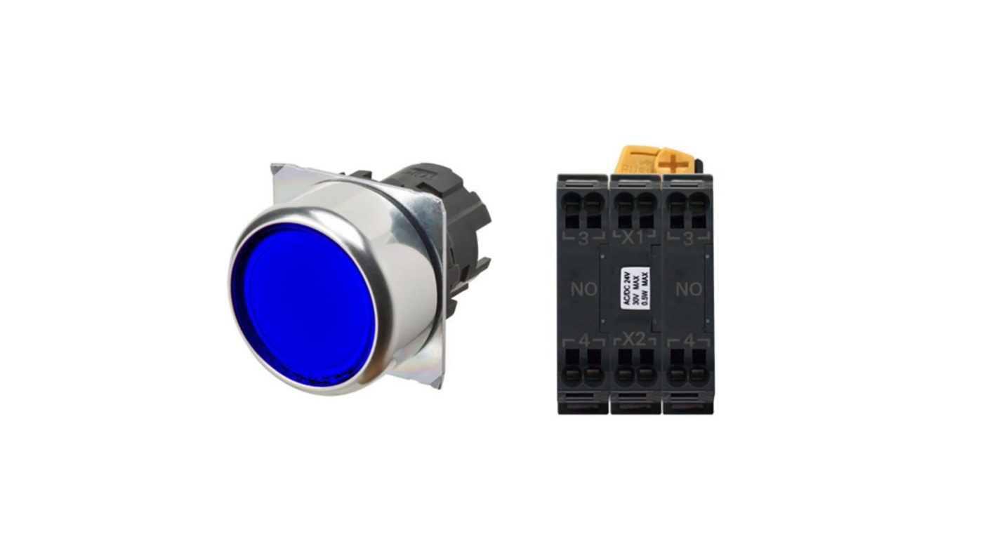 Unidad completa de botón pulsador Omron A22N, color de botón Azul, DPST, Montaje en Panel, IP66, iluminado
