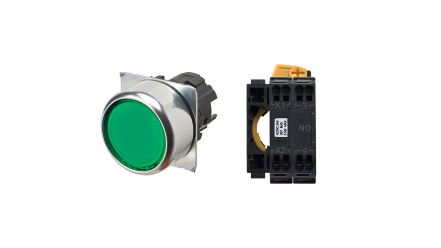 Omron A22N Series Illuminated Push Button Complete Unit, Panel Mount, 22mm Cutout, DPST, IP66