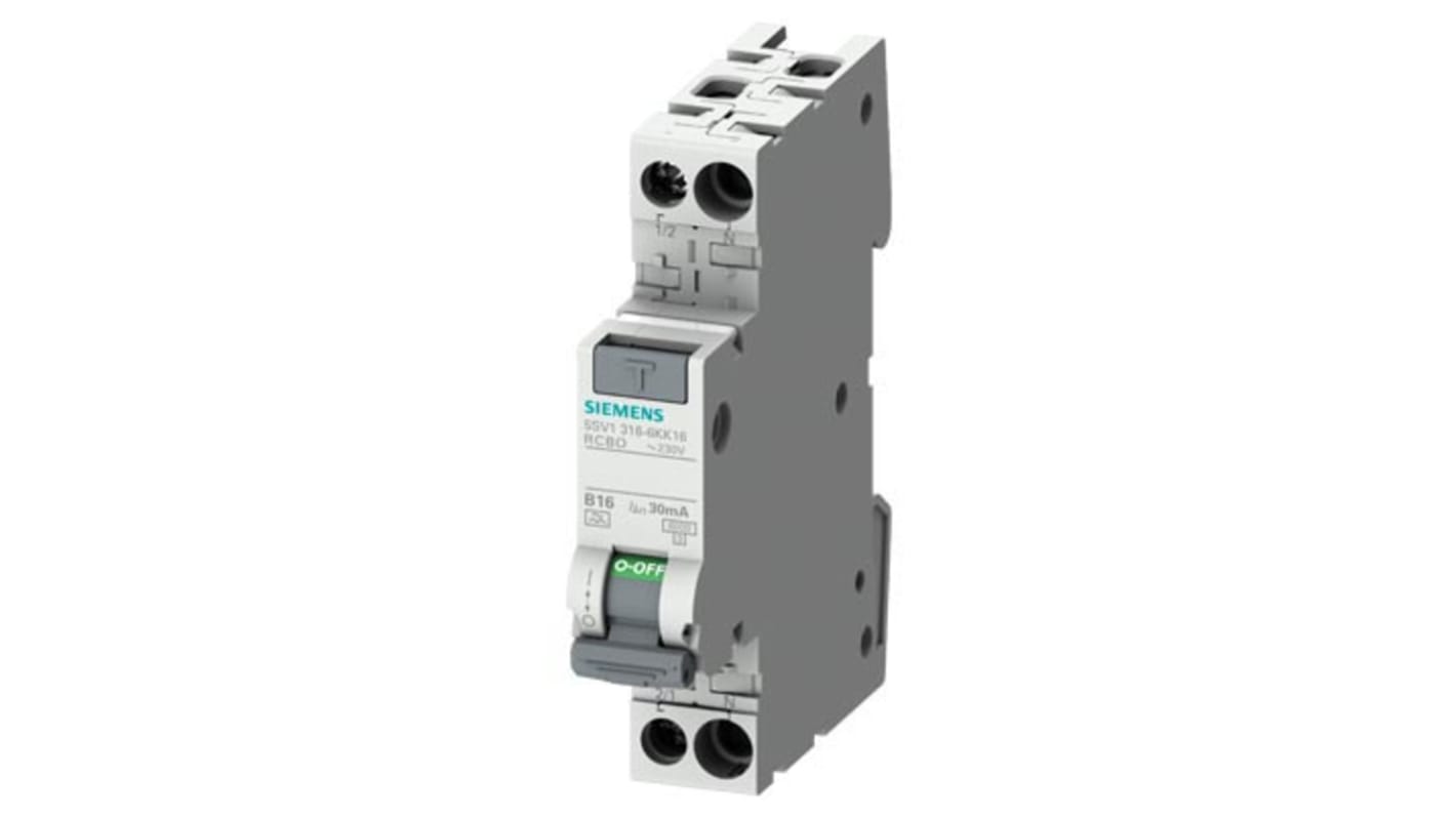 Siemens RCBO Sentron 5SV1316 FI/LS-Schalter 10A, 1P+N-polig Typ A, Empfindlichkeit 30mA, DIN-Schienen-Montage