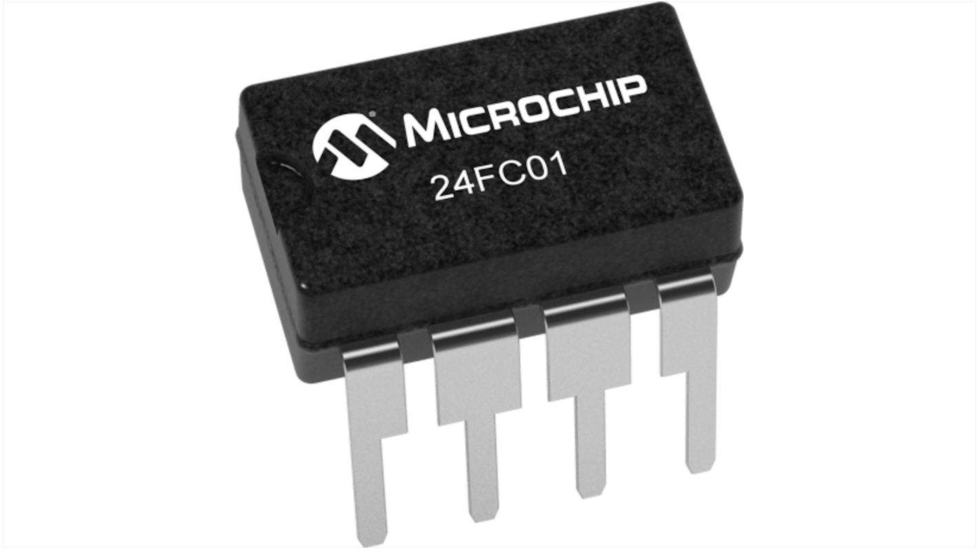 AEC-Q100 Chip de memoria EEPROM 24FC01-I/P Microchip, 1kbit, 128 x, 8bit, Serie 2 Cables, 3500ns, 8 pines PDIP