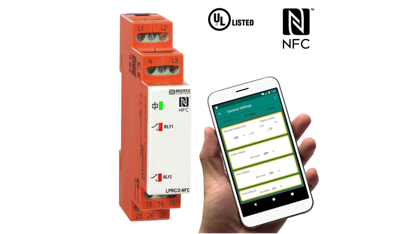 Relé de control NFC de Fase, tensión Broyce Control serie L, SPDT, 3 fases, para carril DIN