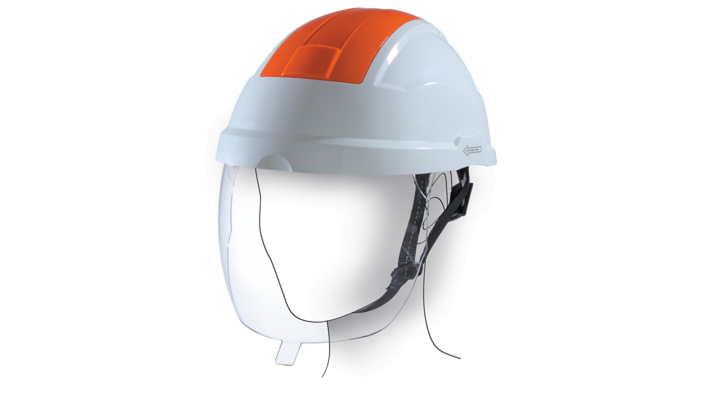 Casco di sicurezza Penta in PC, con protezione occhi integrata, con sottogola, col. Arancione, bianco