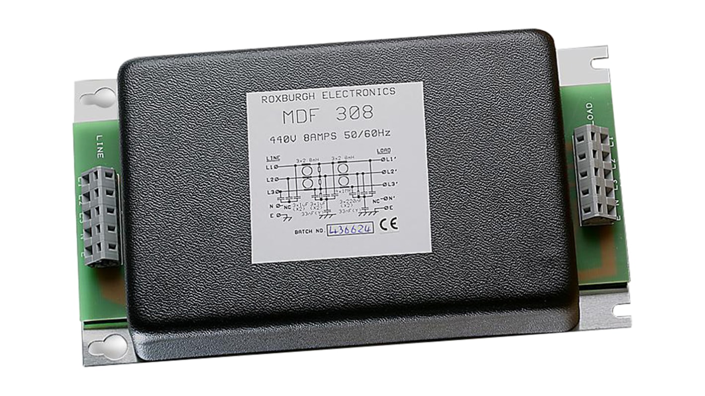 Roxburgh EMC 1μF RFI-szűrő 8A, 480 V AC, 60Hz, Karimával szerelhető 1,4 mH, lezárás: Szár 0,6 mA, IHF sorozat 1W 15mΩ