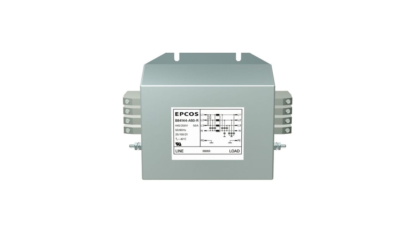 EPCOS EMC-szűrő 180A, 250/440 V ac, 50/60Hz, lezárás: Sorkapocs 8.8 mA, B84144A*R000 sorozat 0.25mΩ UL 1283