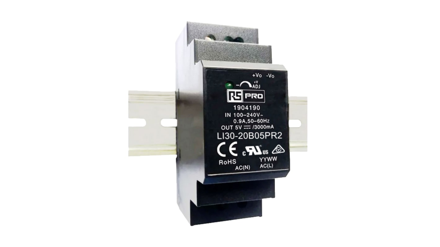 Fuente de alimentación de carril DIN RS PRO, , 1 salida 5V dc 3A 15W