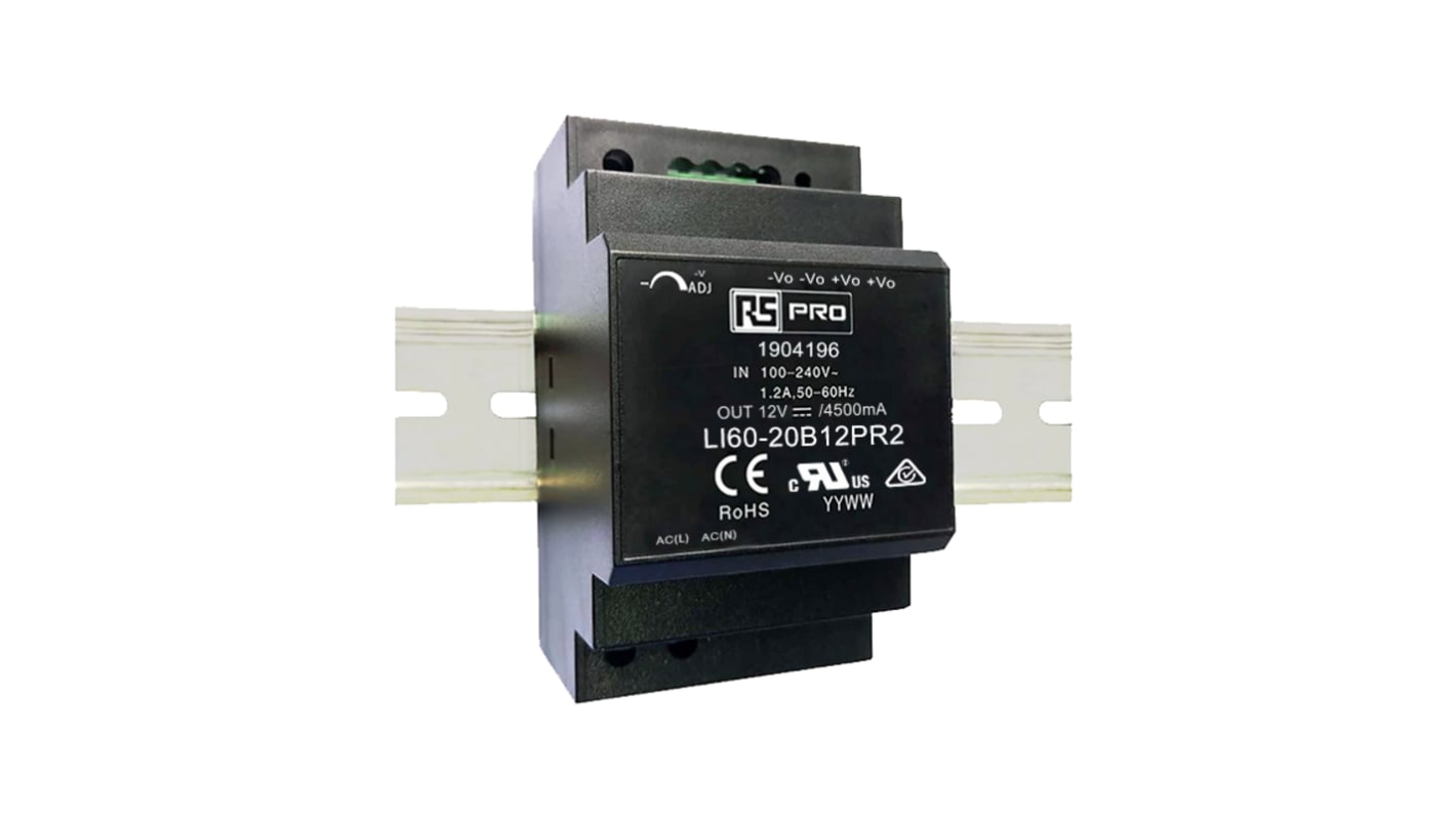 RS PRO DIN Rail Power Supply, 120 → 370 V dc, 85 → 264 V ac ac, dc Input, 12V dc Output, 4.5A Output, 54W