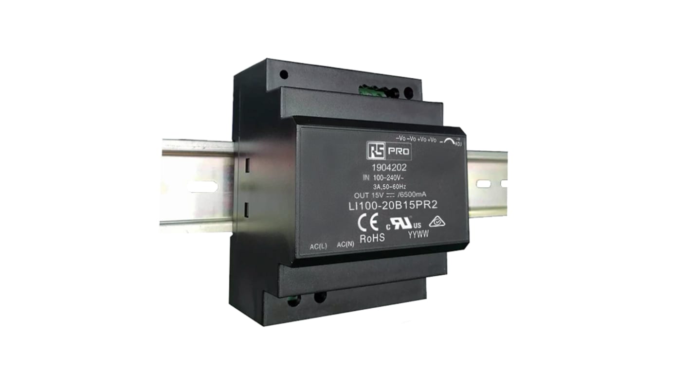 Fuente de alimentación de carril DIN RS PRO, 1 salida 15V dc 6.5A 97.5W