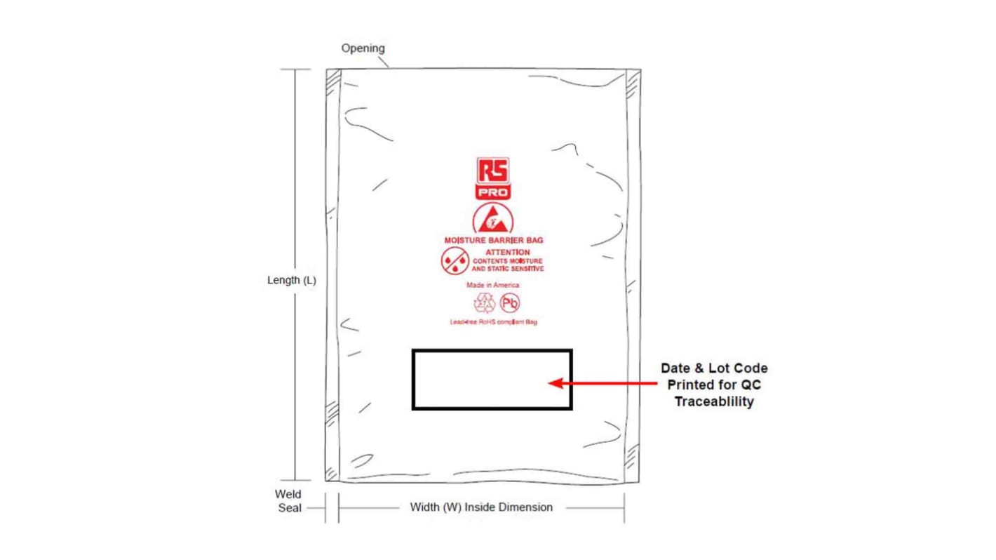 Sachet à barrière d'humidité, RS PRO 305mm x 255mm x 0.09mm, Argent