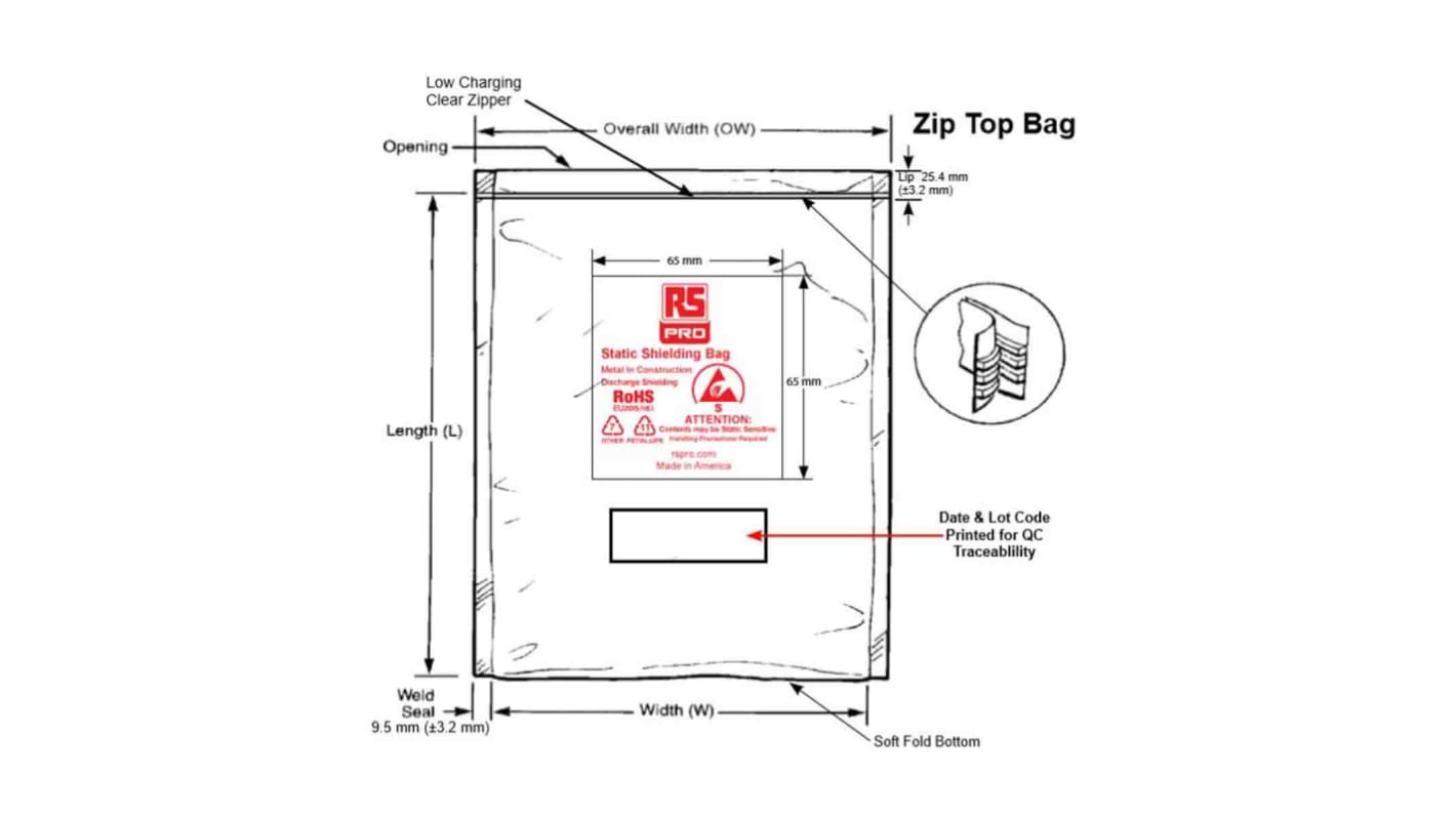 RS PRO Static Shielding Bag 50mm(W)x 75mm(L)