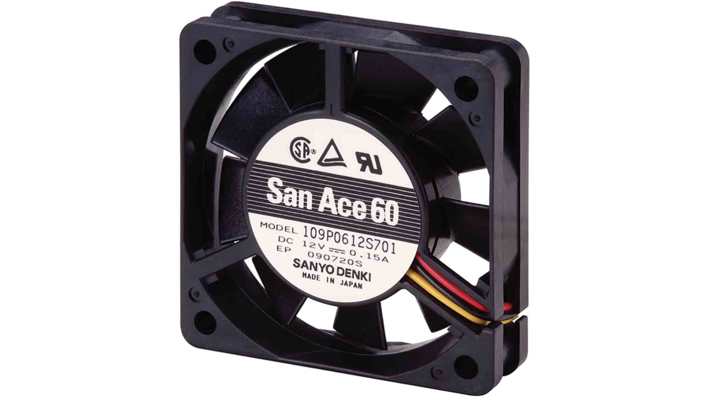 Sanyo Denki 109P Series Axial Fan, 5 V dc, DC Operation, 14.1cfm, 1.3W, 260mA Max, 60 x 60 x 15mm