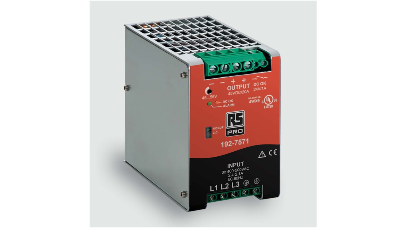 RS PRO Switched Mode DIN Rail Power Supply, 340 → 550 V ac / 520 → 725V dc ac, dc Input, 45 → 55V