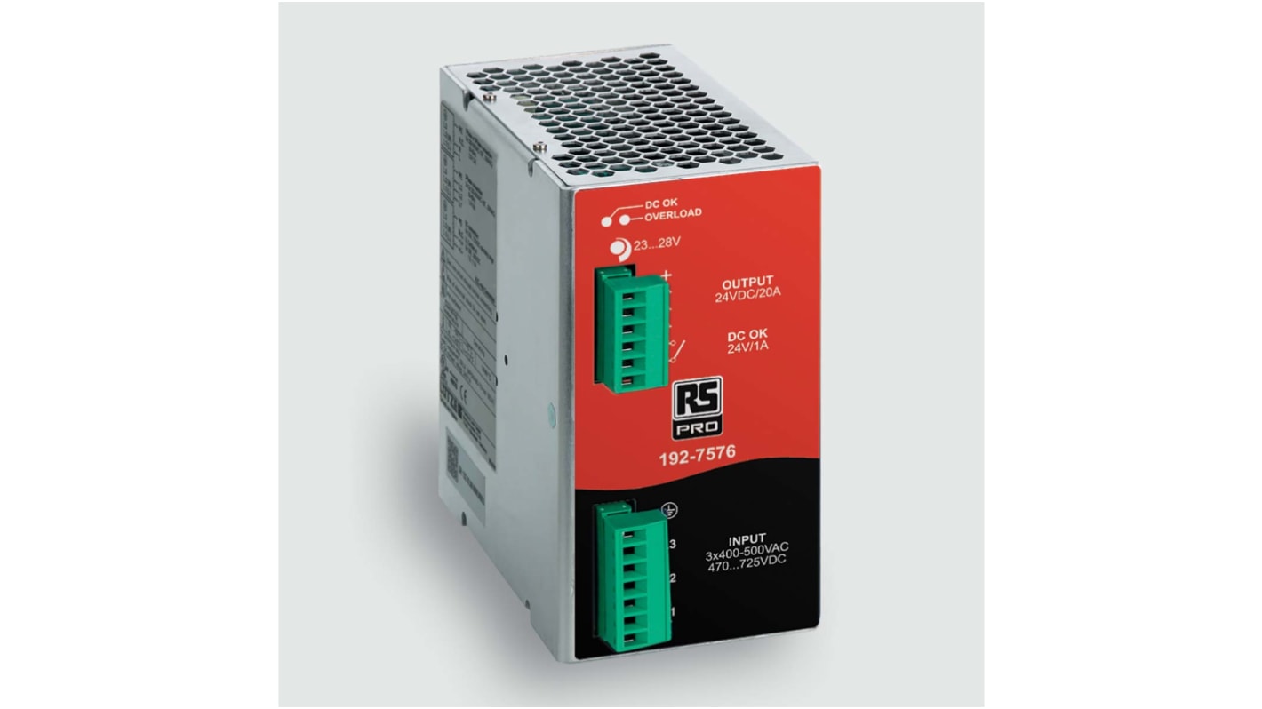 RS PRO Switched Mode DIN Rail Power Supply, AC 187–550V ac Input, 48V dc dc Output, 10A Output, 480W