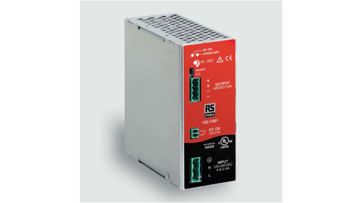 Fuente de alimentación de carril DIN RS PRO, , 1 salida 45 → 55V dc 10A 480W