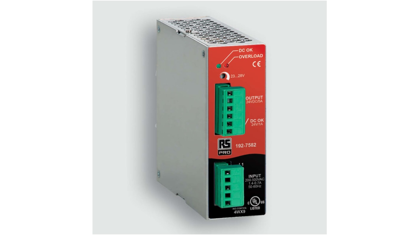 RS PRO Getaktet DIN-Schienen Netzteil 120W, 187 → 550 V ac / 270 → 725V dc, 23 → 28V dc / 5A