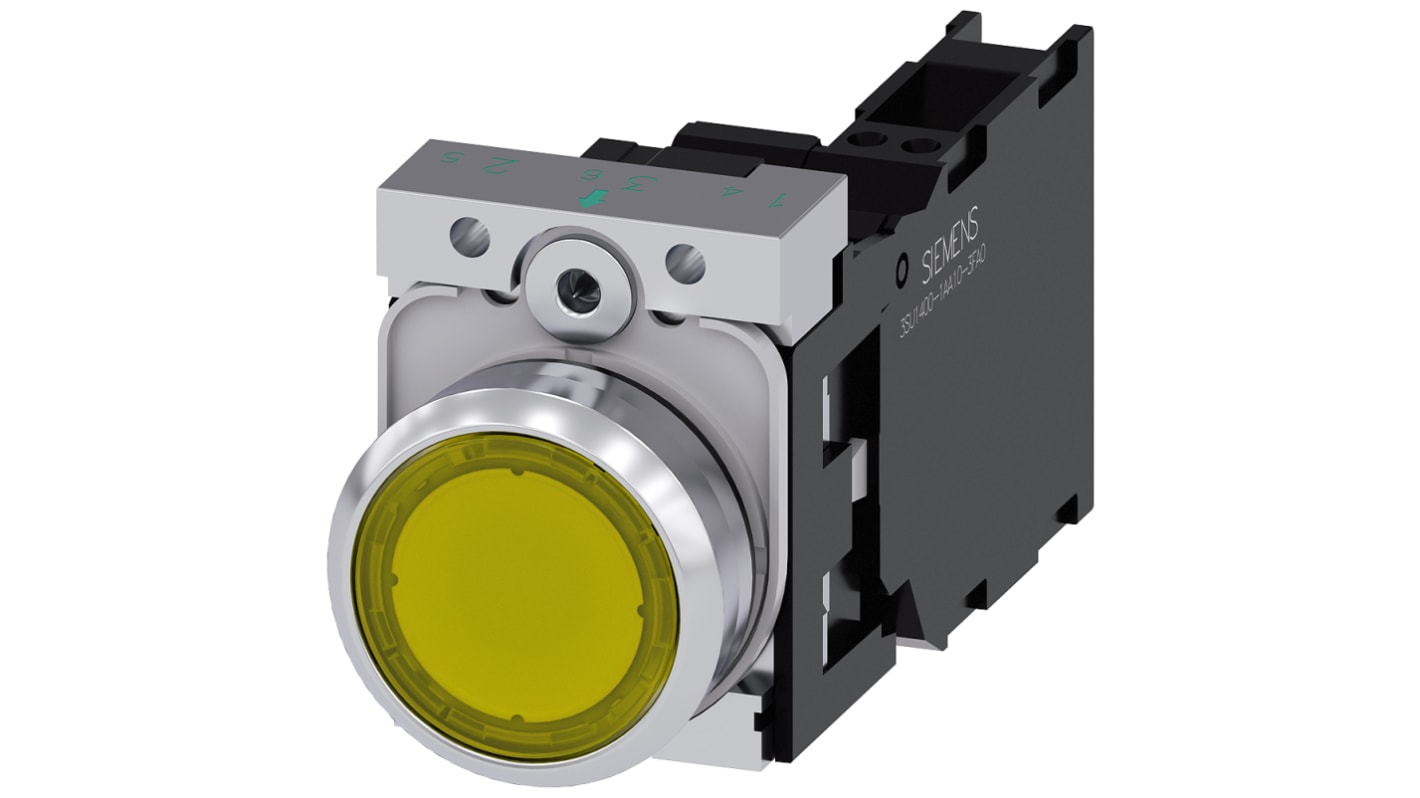 Unidad completa de botón pulsador Siemens SIRIUS ACT, color de botón Amarillo, SPST, IP66, IP67, IP69(IP69K),