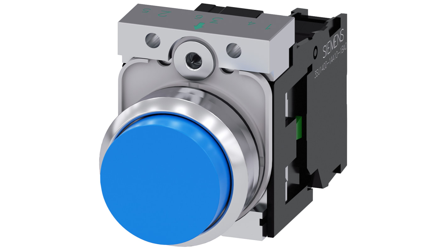 Unidad completa de botón pulsador Siemens SIRIUS ACT, color de botón Azul, SPST, IP66, IP67, IP69(IP69K)