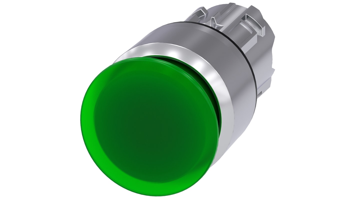 Cabezal de pulsador Siemens serie SIRIUS ACT, Ø 22mm, de color Verde, Enclavamiento, IP66, IP67, IP69K