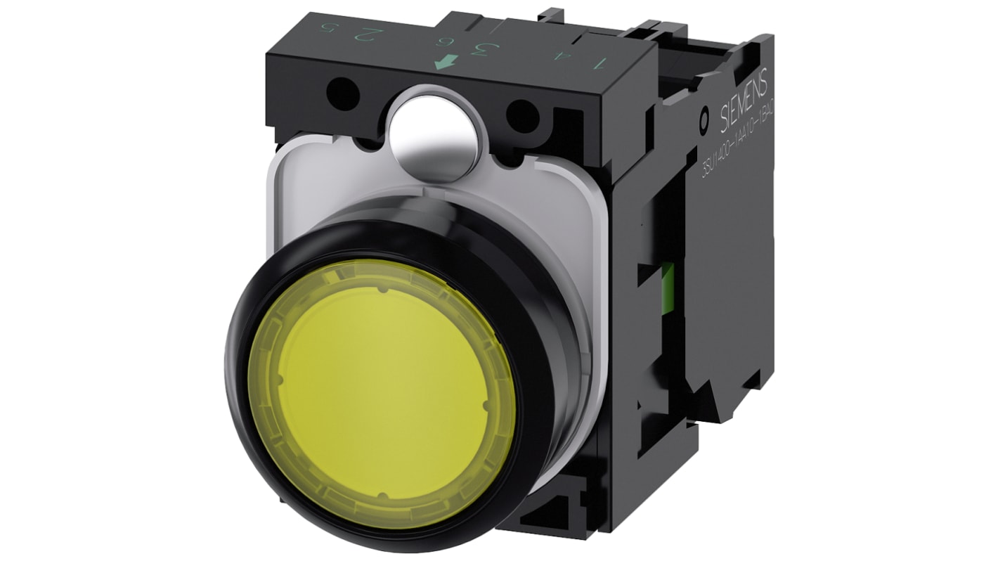 Unidad completa de botón pulsador Siemens SIRIUS ACT, color de botón Amarillo, SPST, IP66, IP67, IP69(IP69K),