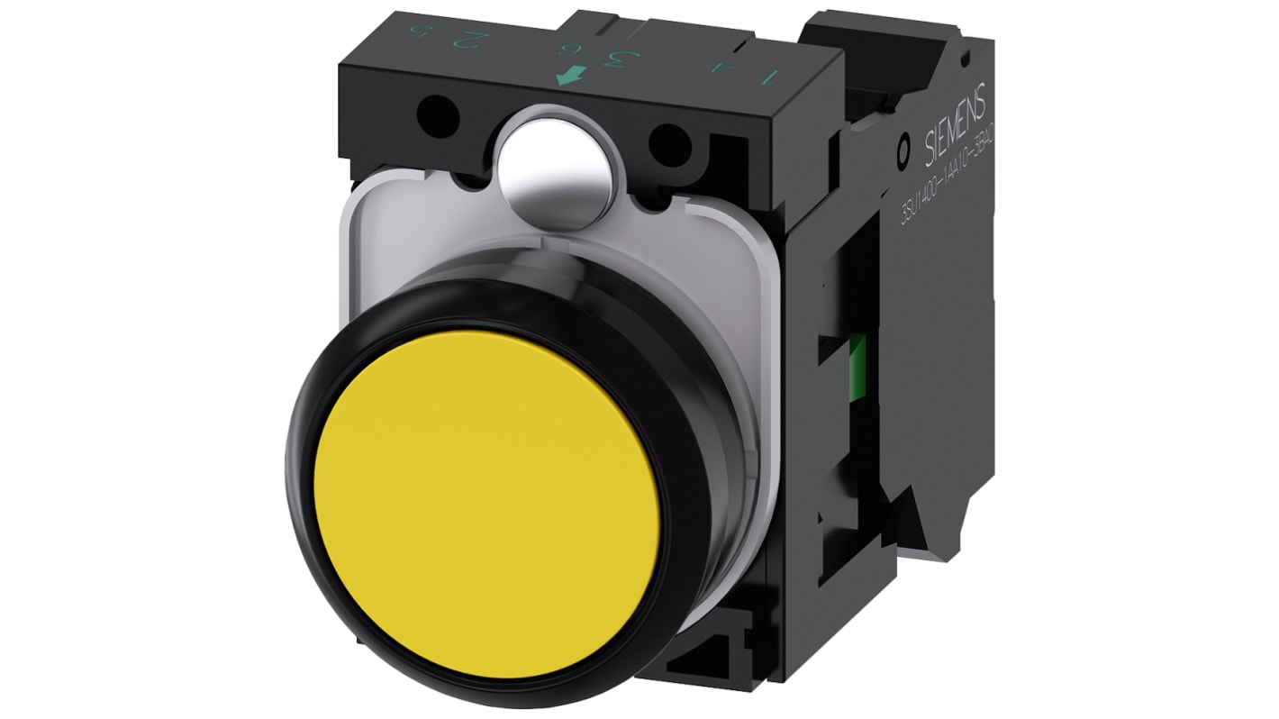 Unidad completa de botón pulsador Siemens SIRIUS ACT, color de botón Amarillo, SPST, IP66, IP67, IP69(IP69K)
