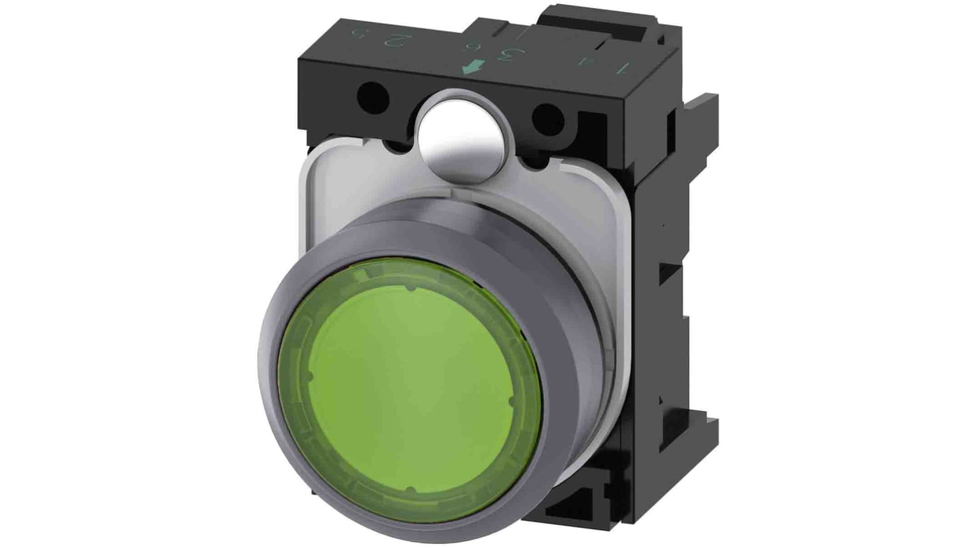 Siemens, SIRIUS ACT, Panel Mount Green LED Indicator, 22mm Cutout, Round, 24V ac/dc