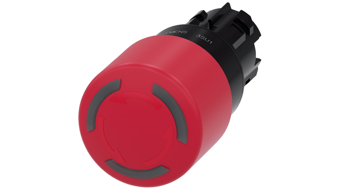 Siemens 3SU1 Series Twist Release Illuminated Emergency Stop Push Button, Panel Mount, 22mm Cutout, IP66, IP67, IP69