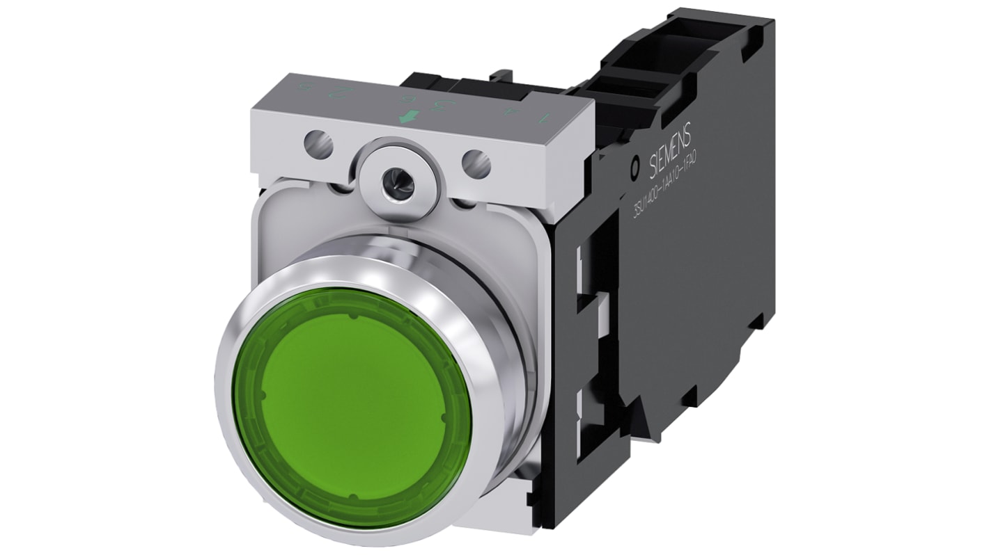 Unidad completa de botón pulsador Siemens SIRIUS ACT, color de botón Verde, SPST, IP66, IP67, IP69(IP69K), iluminado,