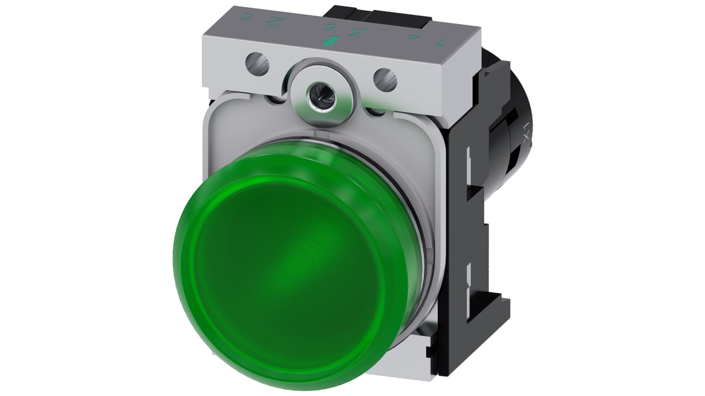 Siemens, SIRIUS ACT, Panel Mount Green LED Indicator, 22mm Cutout, Round, 24V ac/dc