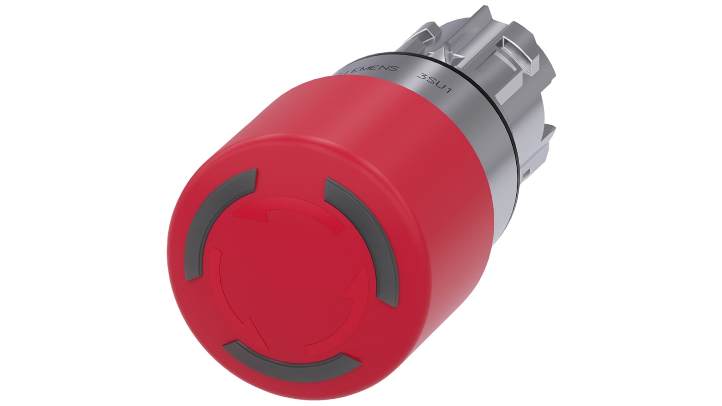 Siemens 3SU1 Series Twist Release Illuminated Emergency Stop Push Button, Panel Mount, 22mm Cutout, IP66, IP67, IP69