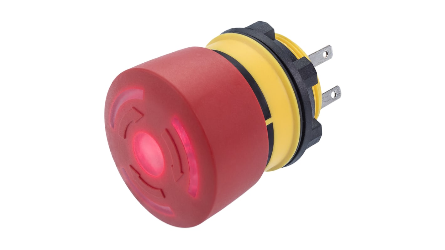 EAO 84 Series Twist Release Illuminated Emergency Stop Push Button, Panel Mount, 22mm Cutout, 1NC, IP65, IP67