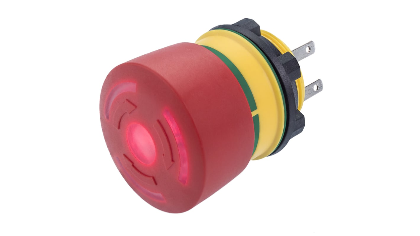 EAO 84 Series Twist Release Illuminated Emergency Stop Push Button, Panel Mount, 22mm Cutout, 1 NO + 1 NC, IP65, IP67