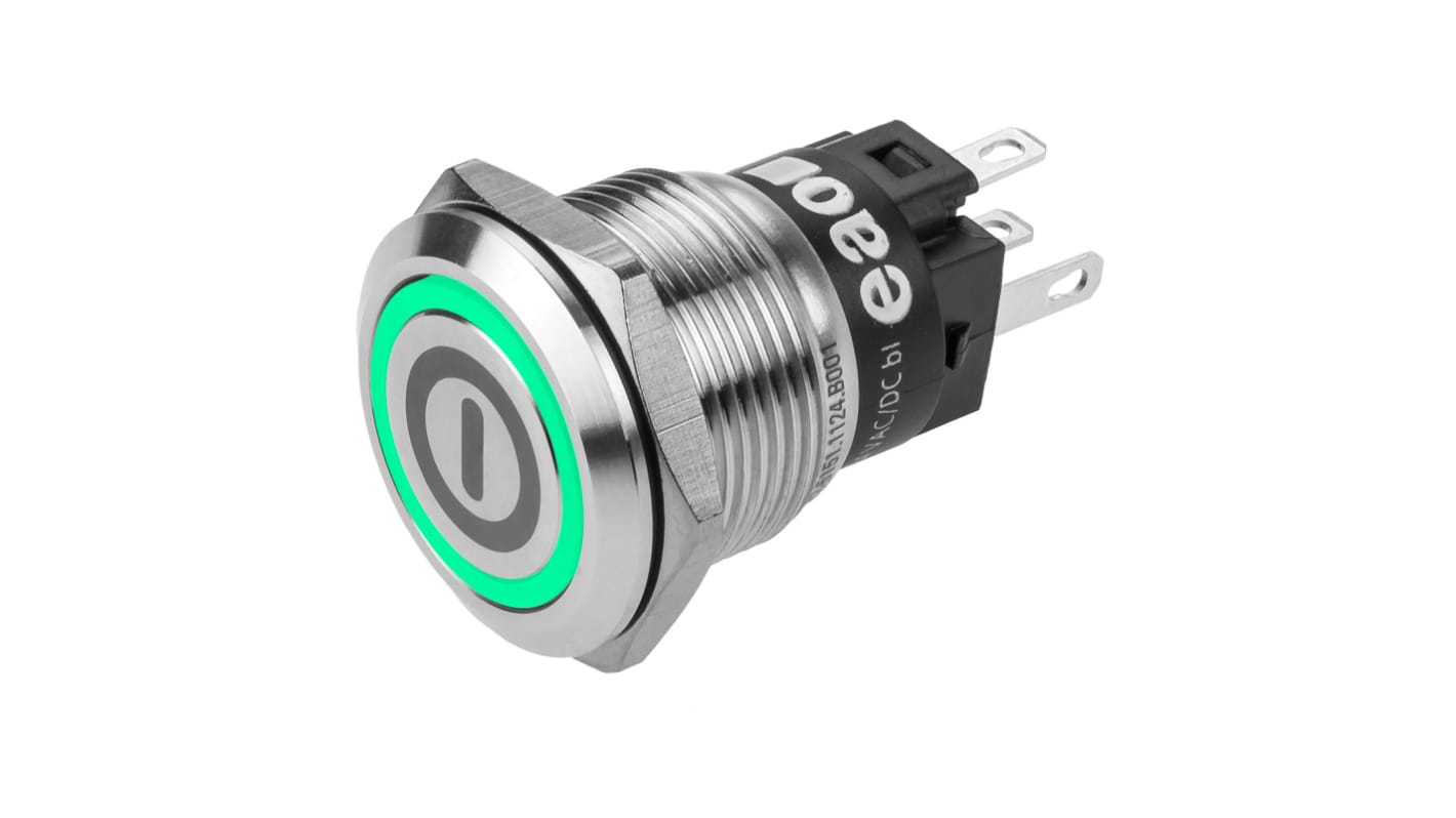 EAO 82 Series Illuminated Push Button Switch, Momentary, Panel Mount, 19mm Cutout, SPDT, Green LED, 240V, IP65, IP67