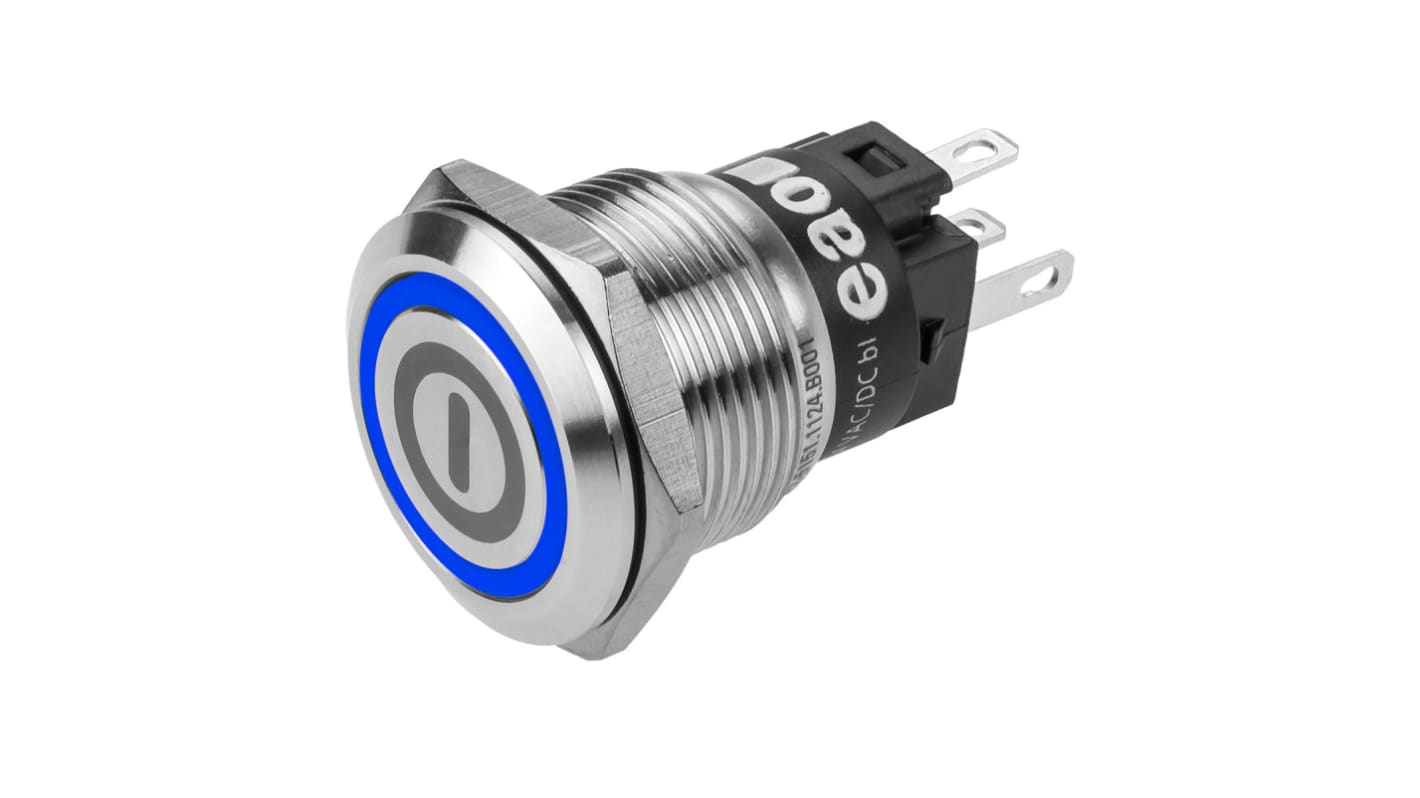 Bouton-poussoir série 82, Verrouillable lumineux, LED Bleu, 1RT, 3A, Montage panneau 12V c.a. / V c.c.