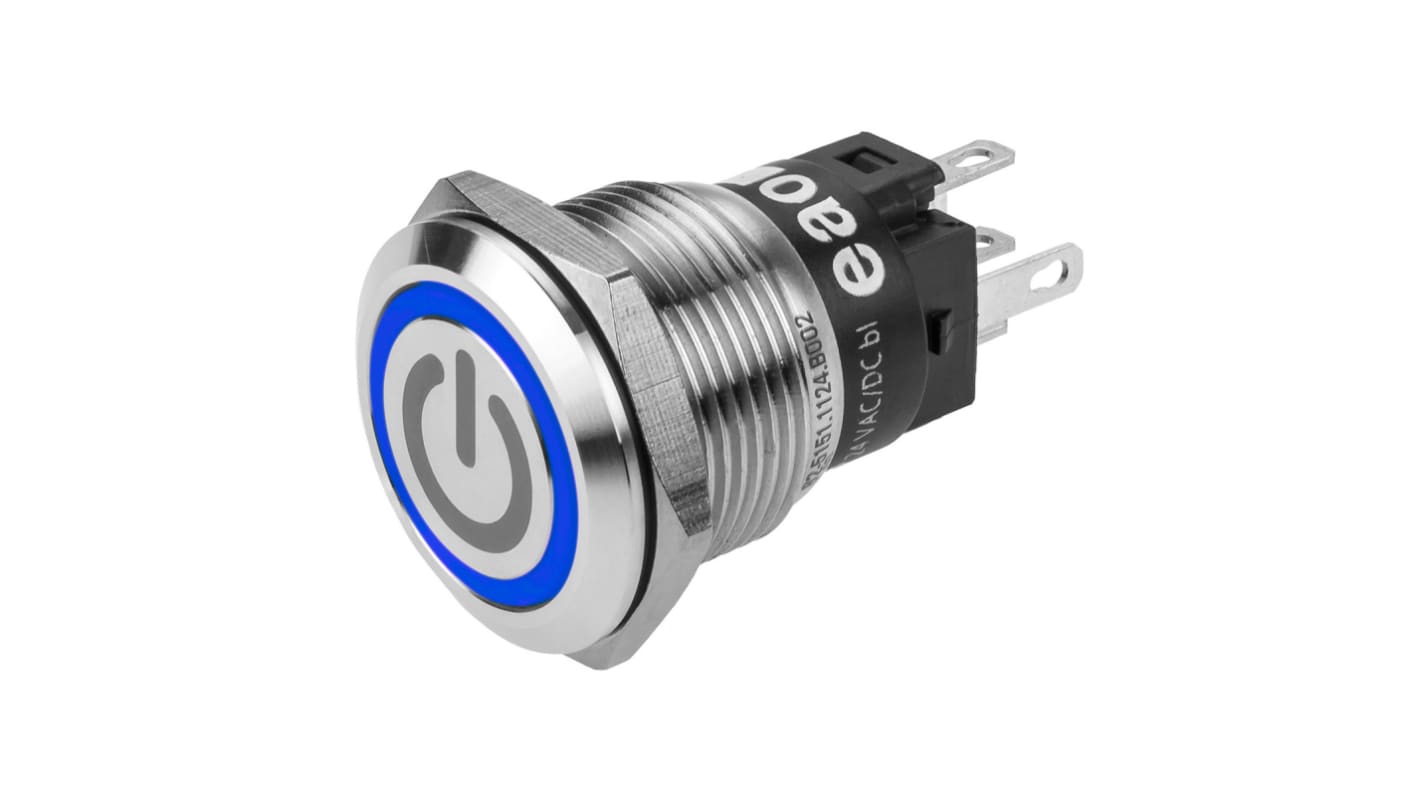 Bouton-poussoir série 82, Verrouillable lumineux, LED Bleu, 1RT, 3A, Montage panneau 12V c.a. / V c.c.