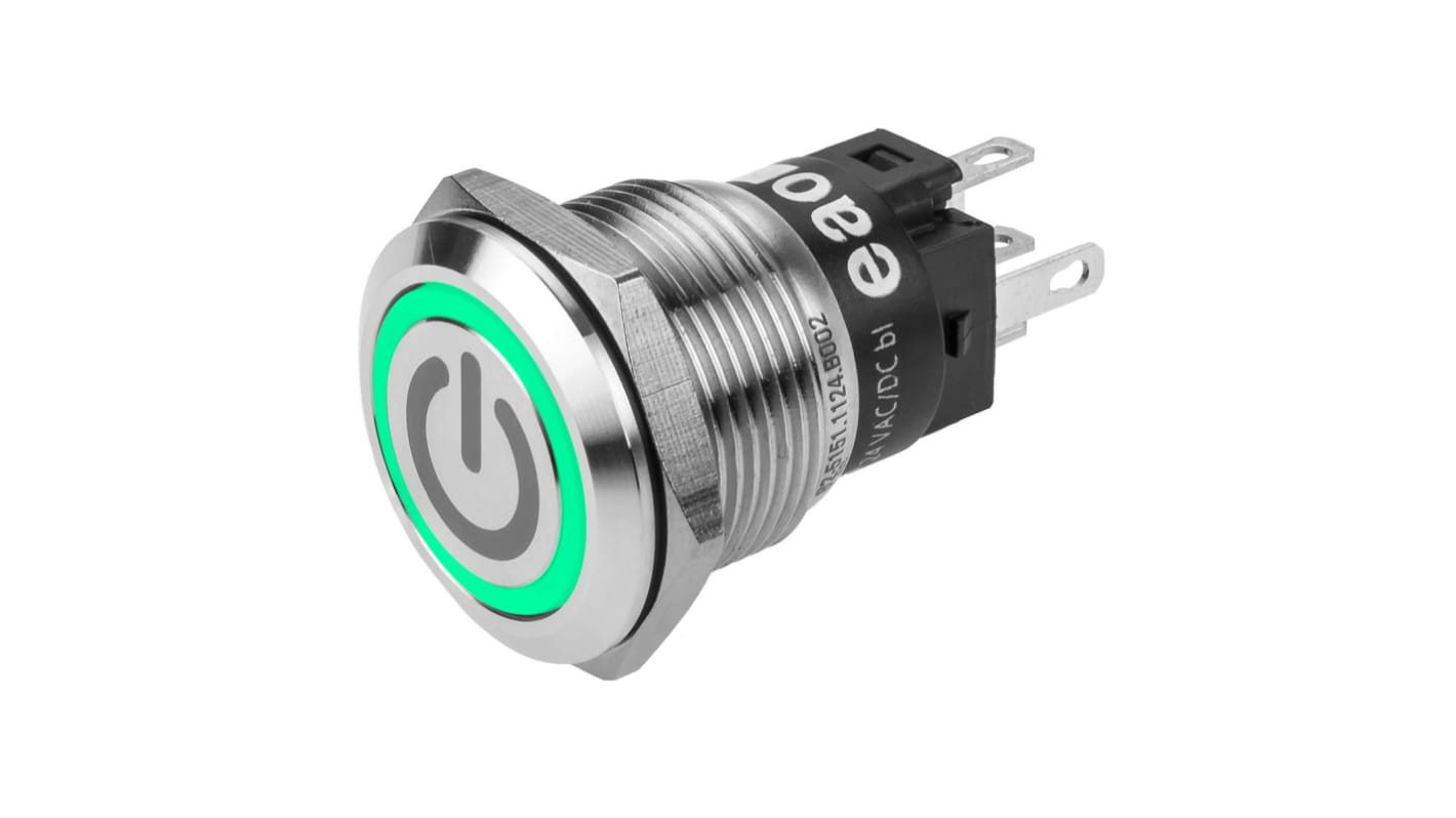 EAO 82 Series Illuminated Push Button Switch, Latching, Panel Mount, 19mm Cutout, SPDT, Green LED, 240V, IP65, IP67