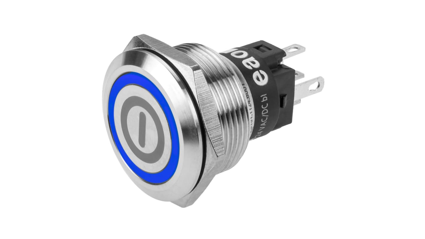 EAO 82 Series Illuminated Push Button Switch, Latching, Panel Mount, 22.3mm Cutout, SPDT, Blue LED, 240V, IP65, IP67