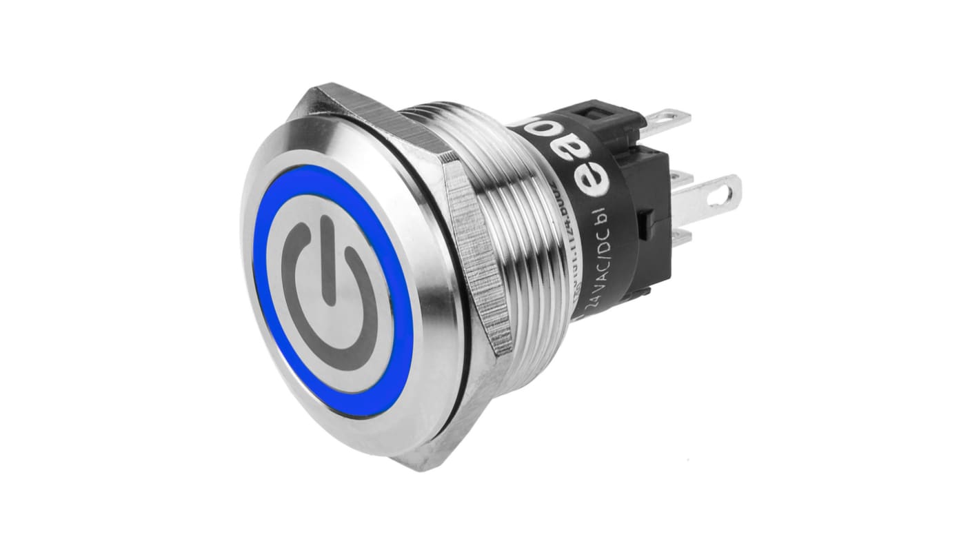 Bouton-poussoir série 82, Verrouillable lumineux, LED Bleu, 1RT, 3A, Montage panneau 24V c.a. / V c.c.