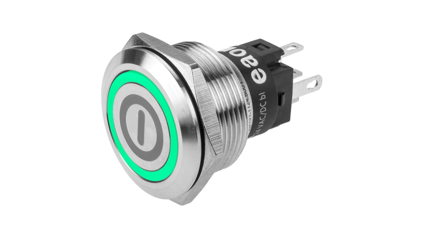 Bouton-poussoir série 82, Verrouillable lumineux, LED Vert, 1RT, 3A, Montage panneau 12V c.a. / V c.c.