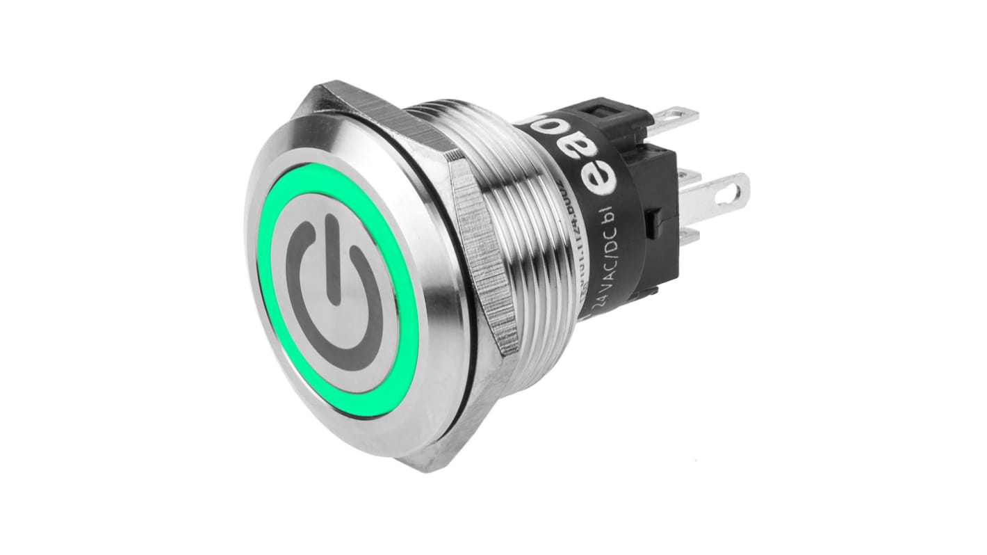 EAO 82 Series Illuminated Push Button Switch, Latching, Panel Mount, 22.3mm Cutout, SPDT, Green LED, 240V, IP65, IP67