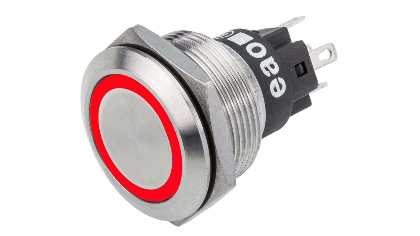 EAO 82 Series Illuminated Push Button Switch, Latching, Panel Mount, 22.3mm Cutout, SPDT, Red LED, 240V, IP65, IP67