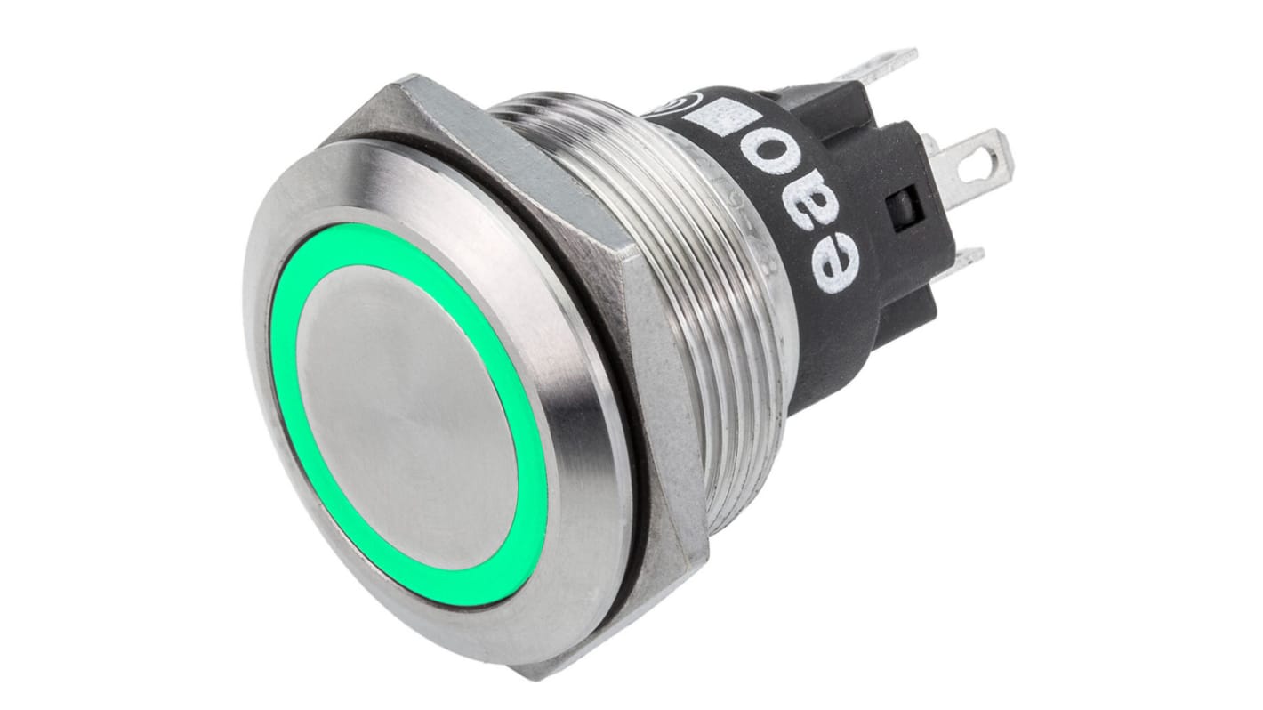 EAO 82 Series Illuminated Push Button Switch, Latching, Panel Mount, 22.3mm Cutout, SPDT, Green LED, 240V, IP65, IP67