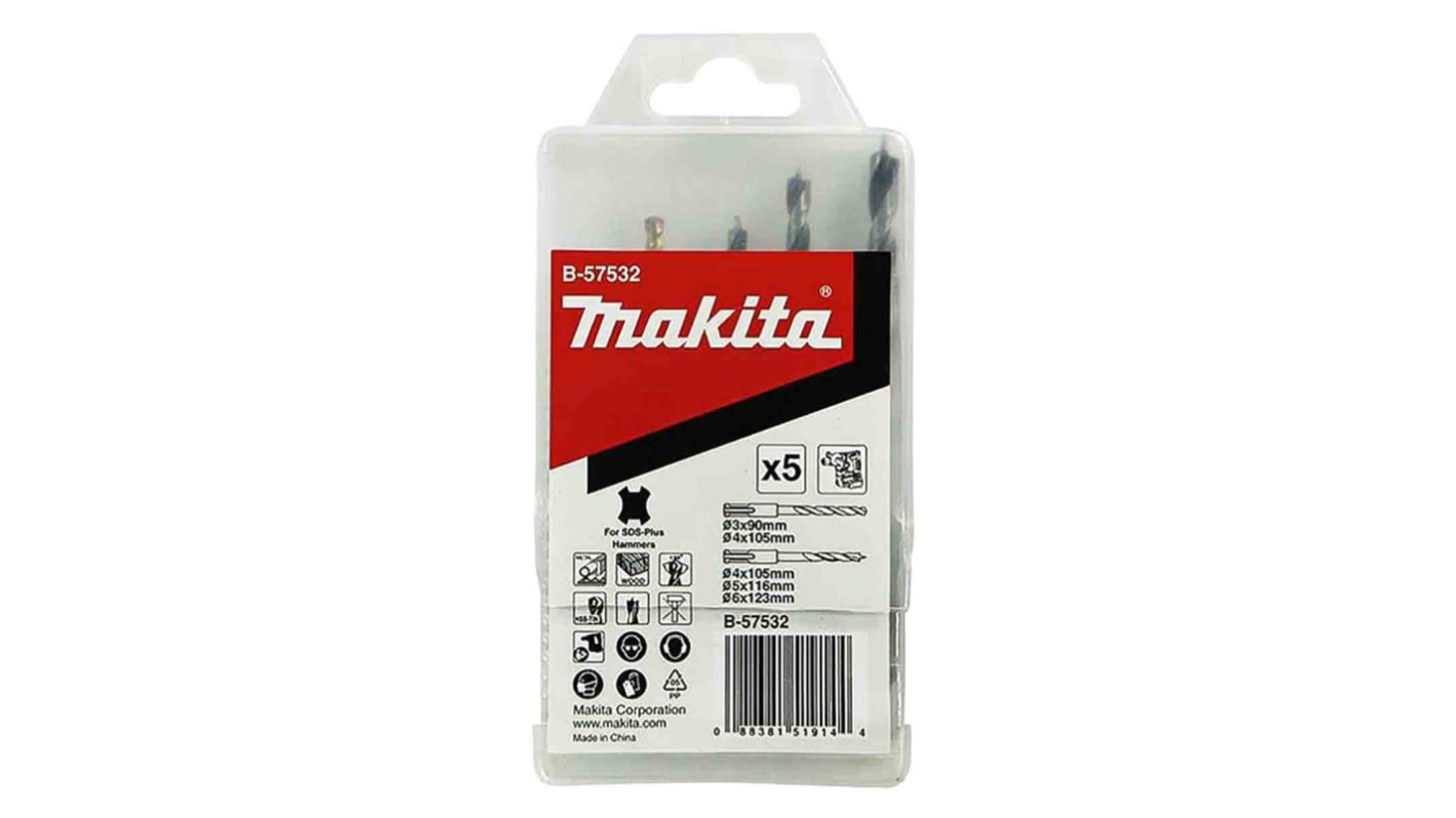 Makita 5-Piece SDS Drill Bit Set for Masonry, 6mm Max, 3mm Min, HSS Bits